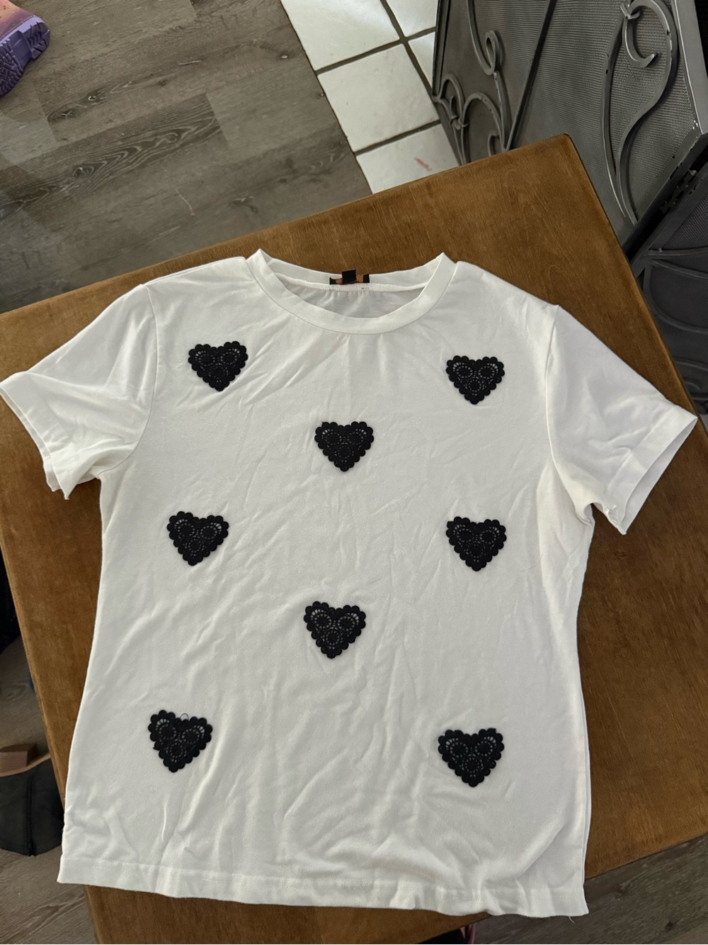 Women’s White T-Shirt with Black Heart Appliqués